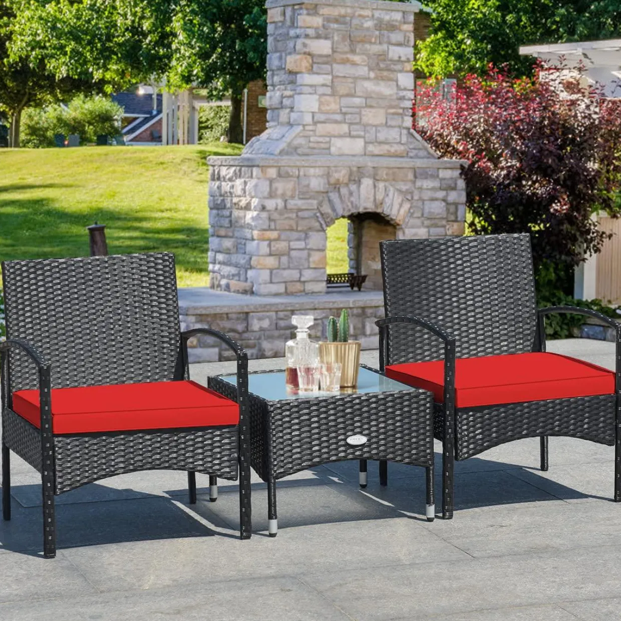 Tangkula 3 Pieces Patio Rattan Conversation Set