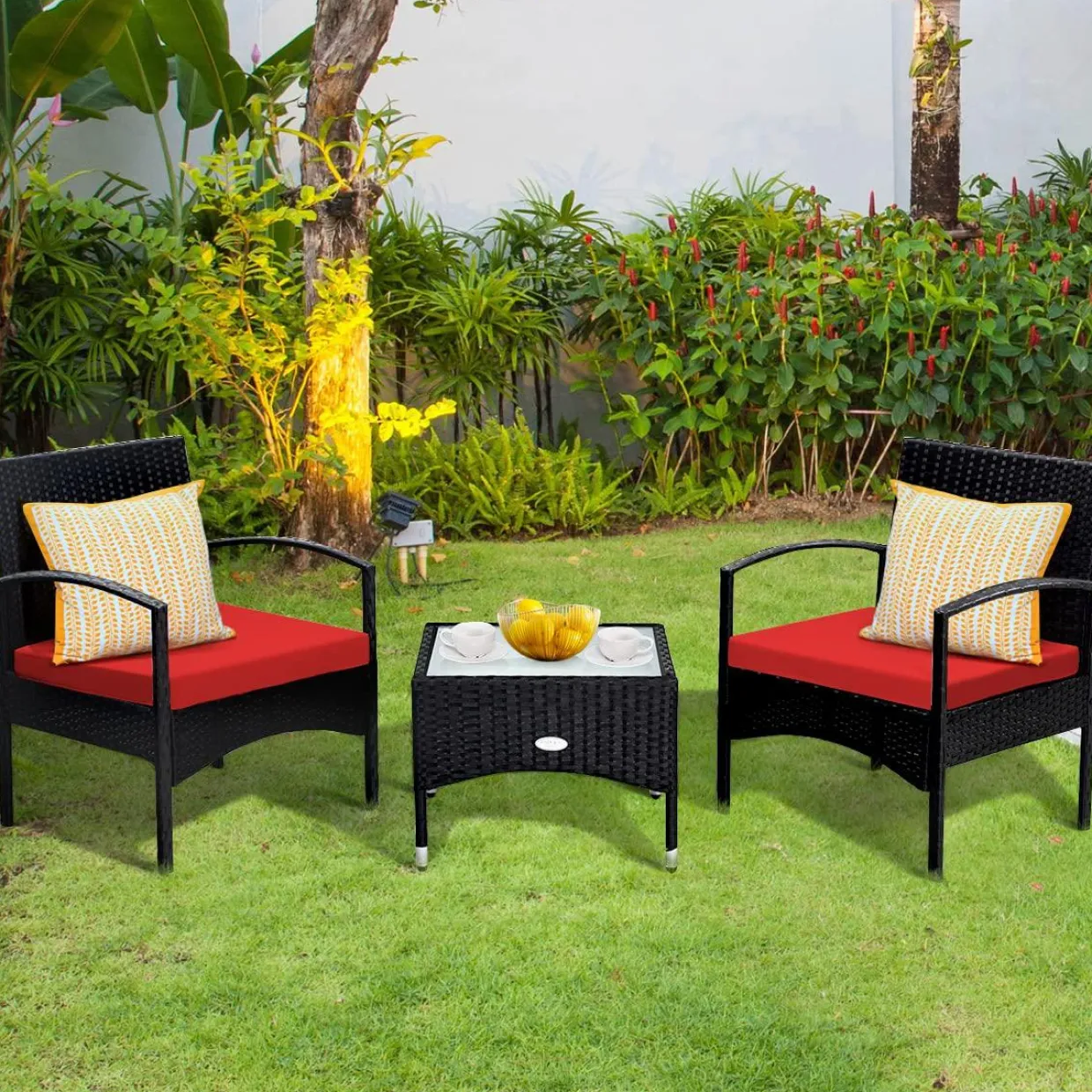 Tangkula 3 Pieces Patio Rattan Conversation Set