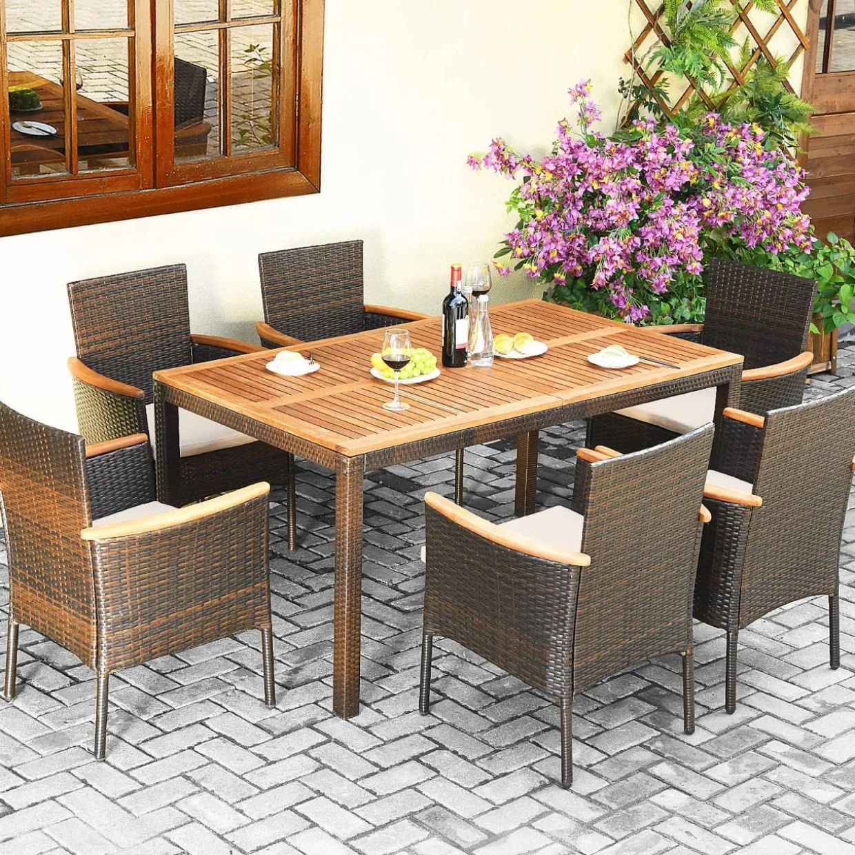 Tangkula 7 Pieces Patio Rattan Dining Set, Outdoor Conversation Set w/Acacia Wood Tabletop & Umbrella Hole, Stackable Chairs w/Soft Cushion