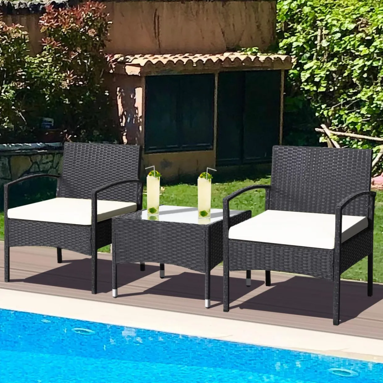 Tangkula 3 Pieces Patio Rattan Conversation Set