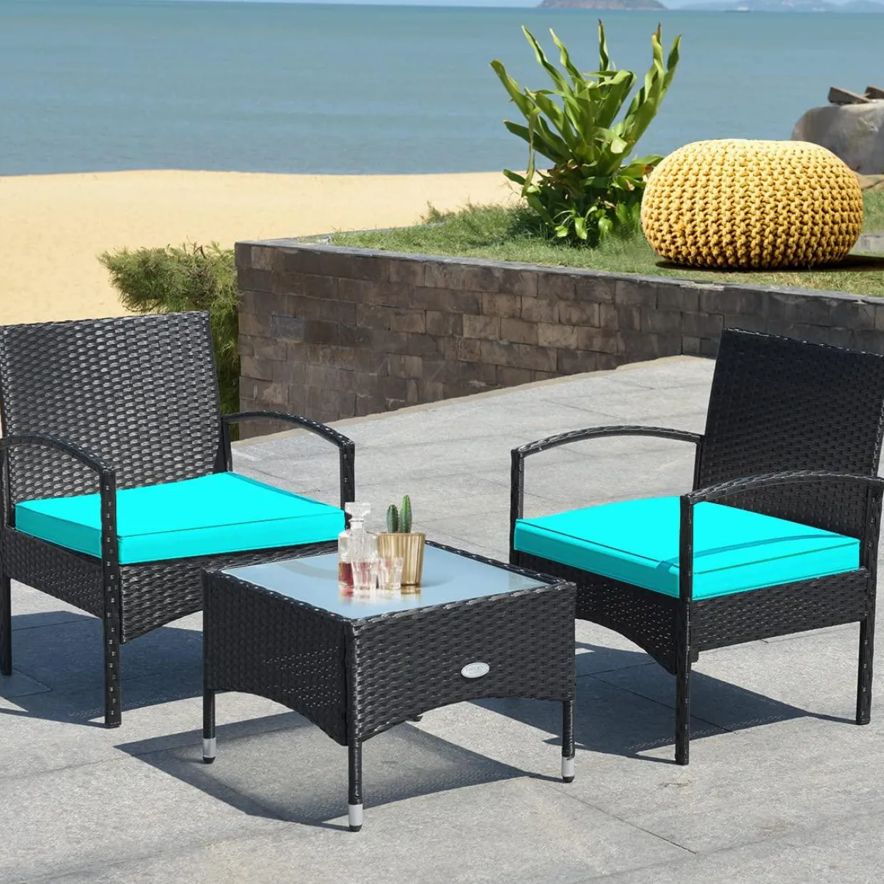 Tangkula 3 Pieces Patio Rattan Conversation Set