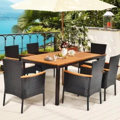 Tangkula 7 Pieces Patio Rattan Dining Set, Outdoor Conversation Set w/Acacia Wood Tabletop & Umbrella Hole, Stackable Chairs w/Soft Cushion