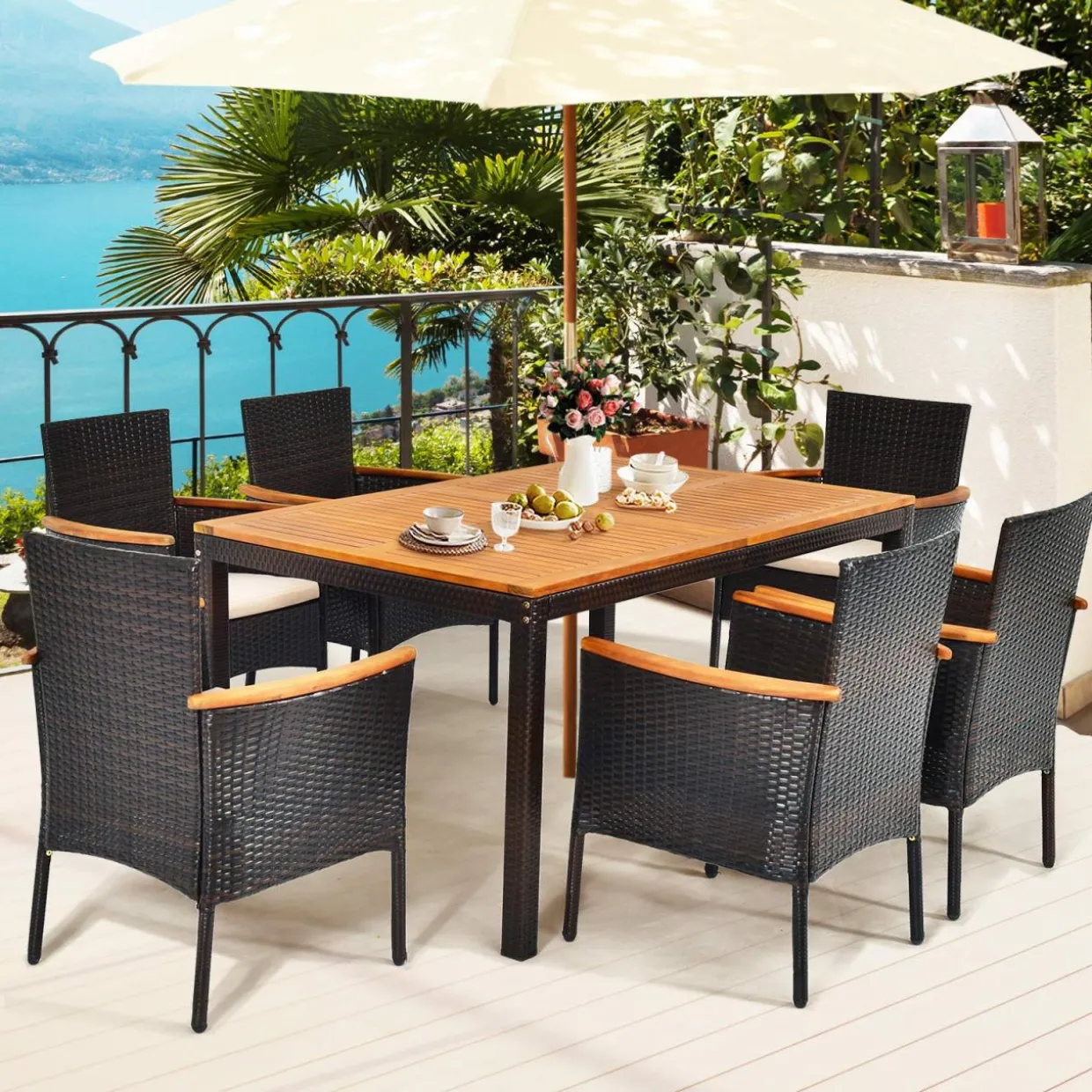 Tangkula 7 Pieces Patio Rattan Dining Set, Outdoor Conversation Set w/Acacia Wood Tabletop & Umbrella Hole, Stackable Chairs w/Soft Cushion