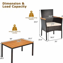 Tangkula 7 Pieces Patio Rattan Dining Set, Outdoor Conversation Set w/Acacia Wood Tabletop & Umbrella Hole, Stackable Chairs w/Soft Cushion