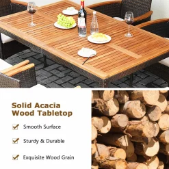 Tangkula 7 Pieces Patio Rattan Dining Set, Outdoor Conversation Set w/Acacia Wood Tabletop & Umbrella Hole, Stackable Chairs w/Soft Cushion
