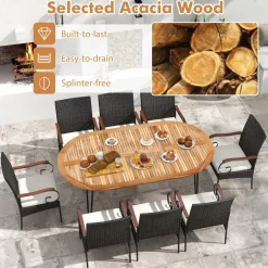 Tangkula 9 Pieces Patio Rattan Dining Set, Outdoor Oval Acacia Wood Dining Table and Wicker Armchairs Set with Umbrella Hole