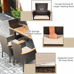 Tangkula 7 Pieces Patio Rattan Dining Set, Outdoor Conversation Set w/Acacia Wood Tabletop & Umbrella Hole, Stackable Chairs w/Soft Cushion