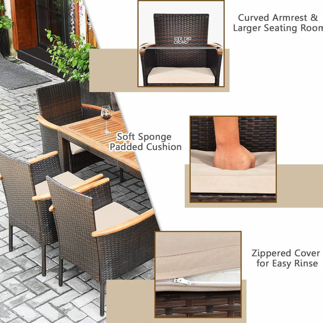 Tangkula 7 Pieces Patio Rattan Dining Set, Outdoor Conversation Set w/Acacia Wood Tabletop & Umbrella Hole, Stackable Chairs w/Soft Cushion