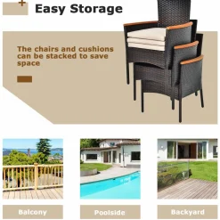 Tangkula 7 Pieces Patio Rattan Dining Set, Outdoor Conversation Set w/Acacia Wood Tabletop & Umbrella Hole, Stackable Chairs w/Soft Cushion