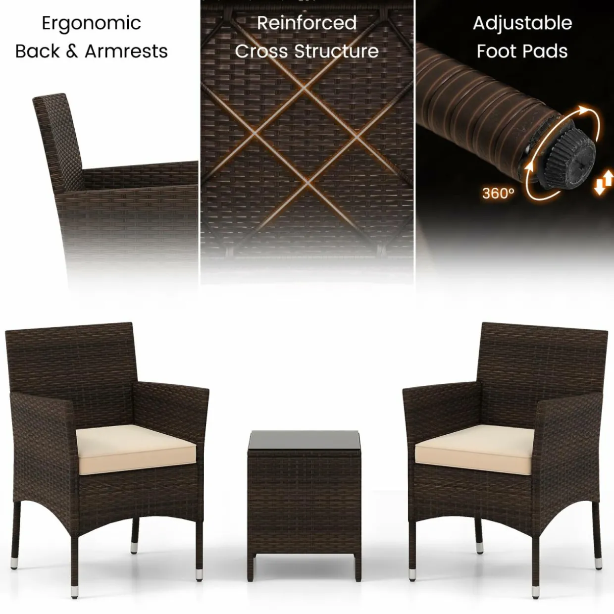 Tangkula 3 Pieces Patio Rattan Furniture Set, Outdoor Conversation Set with PE Wicker Armchairs