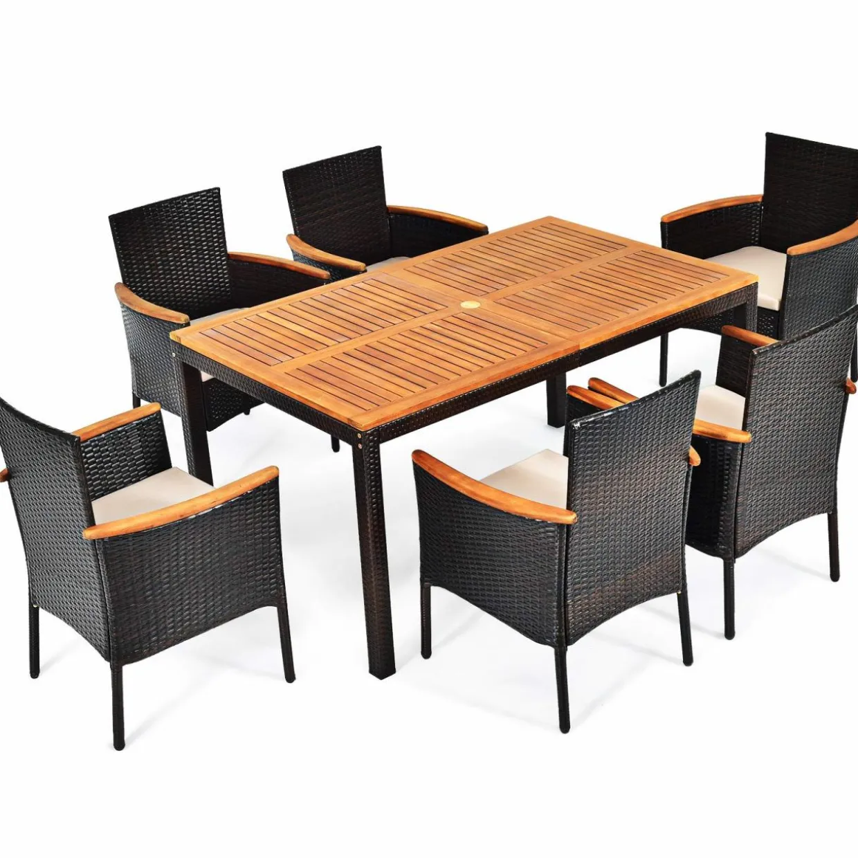 Tangkula 7 Pieces Patio Rattan Dining Set, Outdoor Conversation Set w/Acacia Wood Tabletop & Umbrella Hole, Stackable Chairs w/Soft Cushion