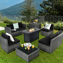 Tangkula 9 Pieces Patio Rattan Furniture Set, Patiojoy Sectional Sofa Set w/Storage Box, Coffee Table, Outdoor Wicker Conversation Set