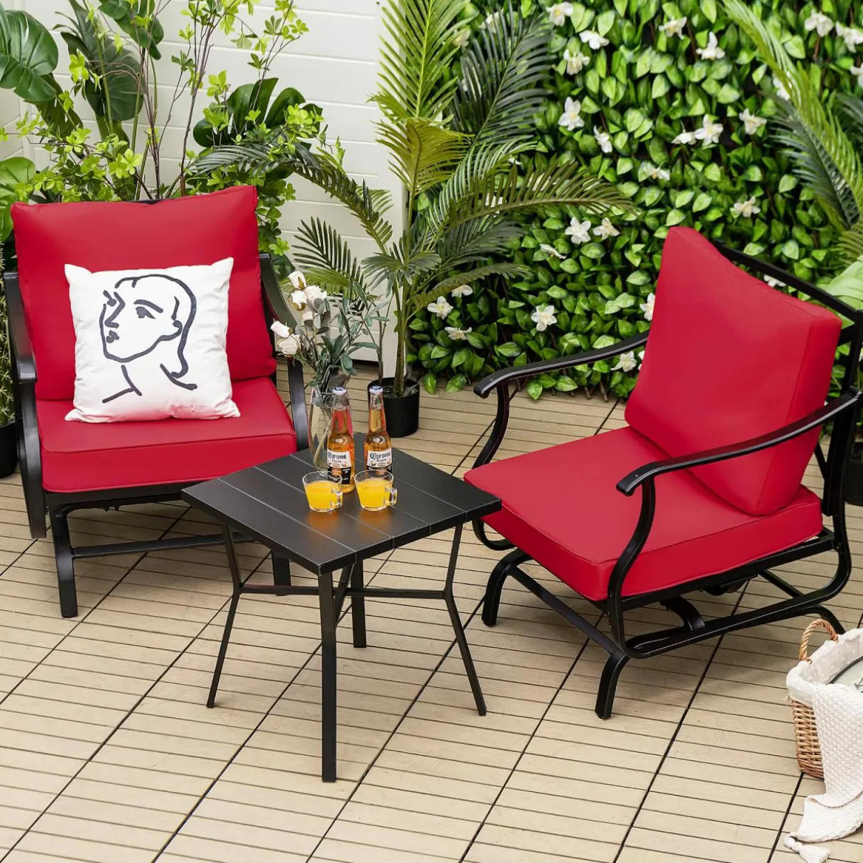 Tangkula 3 Pieces Patio Rocking Chair Set W/Coffee Table Set, Seat & Back Cushions Included (Red)