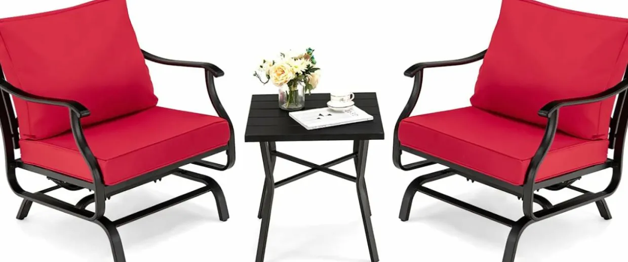Tangkula 3 Pieces Patio Rocking Chair Set W/Coffee Table Set, Seat & Back Cushions Included (Red)