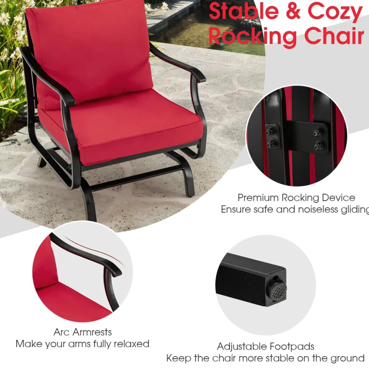 Tangkula 3 Pieces Patio Rocking Chair Set W/Coffee Table Set, Seat & Back Cushions Included (Red)