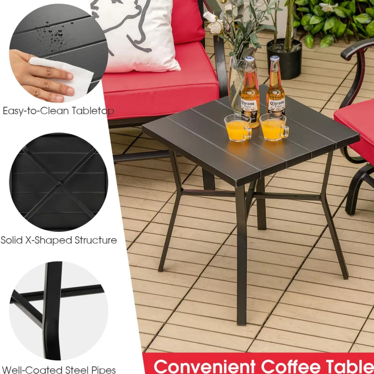 Tangkula 3 Pieces Patio Rocking Chair Set W/Coffee Table Set, Seat & Back Cushions Included (Red)