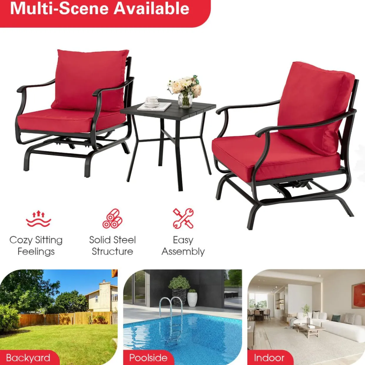 Tangkula 3 Pieces Patio Rocking Chair Set W/Coffee Table Set, Seat & Back Cushions Included (Red)
