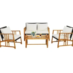 Tangkula 4 Pieces Patio Sofa Set, Outdoor Mix Brown Rattan Conversation Set with Acacia Wood Frame