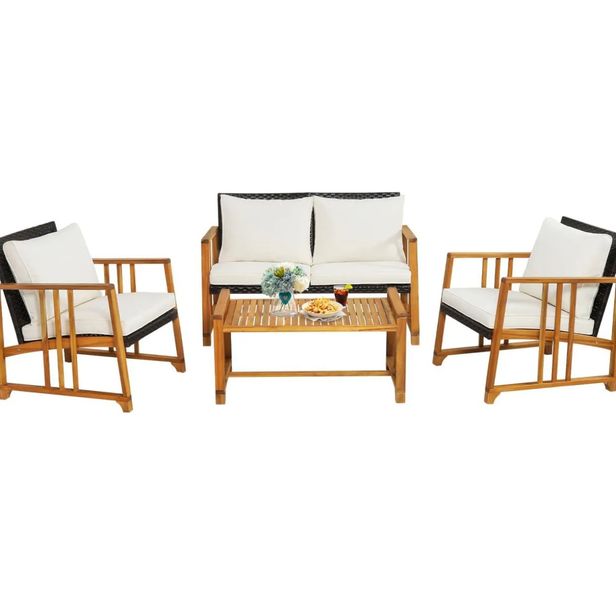 Tangkula 4 Pieces Patio Sofa Set, Outdoor Mix Brown Rattan Conversation Set with Acacia Wood Frame
