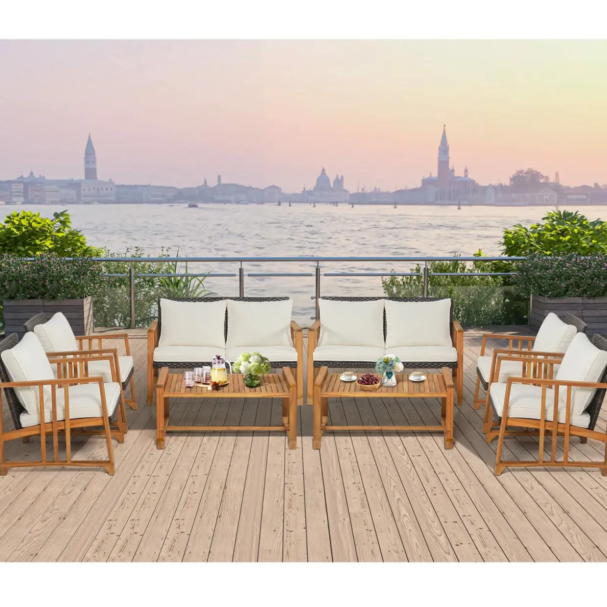 Tangkula 4 Pieces Patio Sofa Set, Outdoor Mix Brown Rattan Conversation Set with Acacia Wood Frame