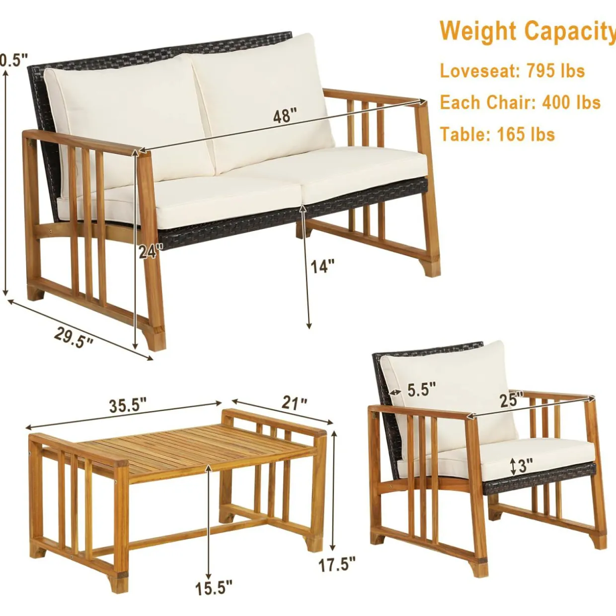 Tangkula 4 Pieces Patio Sofa Set, Outdoor Mix Brown Rattan Conversation Set with Acacia Wood Frame