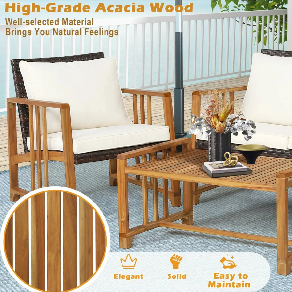 Tangkula 4 Pieces Patio Sofa Set, Outdoor Mix Brown Rattan Conversation Set with Acacia Wood Frame