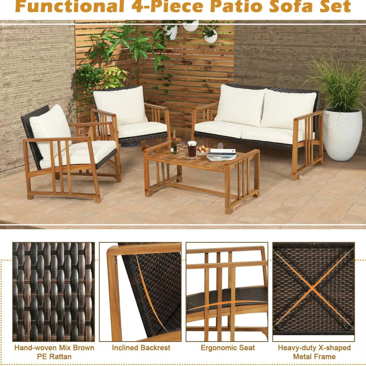 Tangkula 4 Pieces Patio Sofa Set, Outdoor Mix Brown Rattan Conversation Set with Acacia Wood Frame