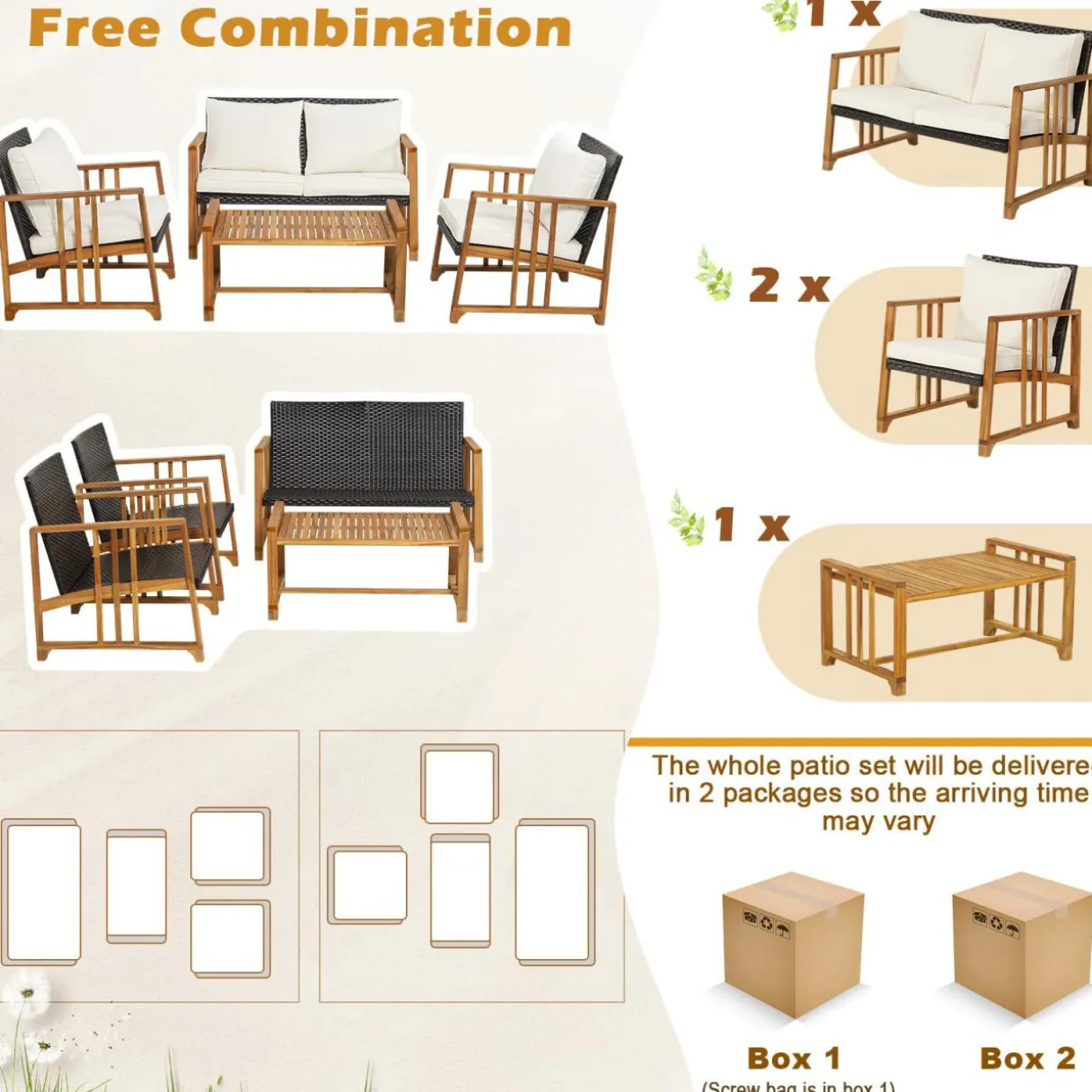 Tangkula 4 Pieces Patio Sofa Set, Outdoor Mix Brown Rattan Conversation Set with Acacia Wood Frame