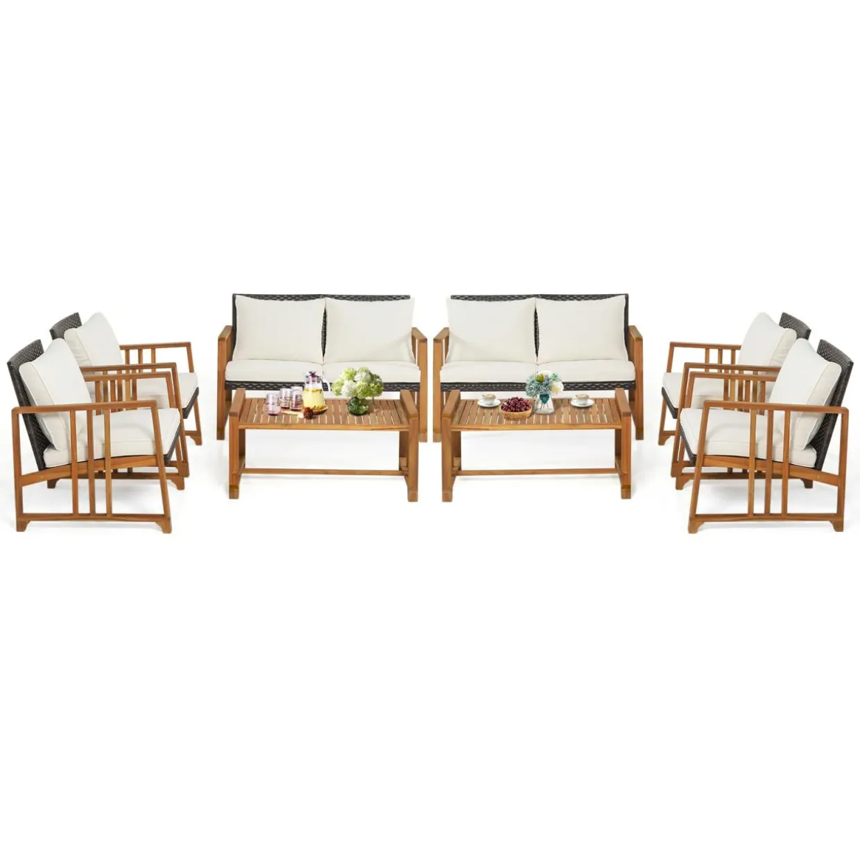 Tangkula 4 Pieces Patio Sofa Set, Outdoor Mix Brown Rattan Conversation Set with Acacia Wood Frame