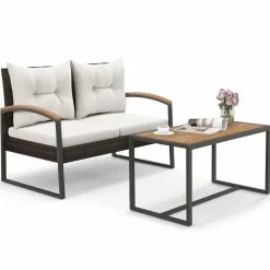 Tangkula 2 Pieces Patio Wicker Furniture Set, Heavy Duty Outdoor Cushioned Loveseat with Acacia Wood Coffee Table