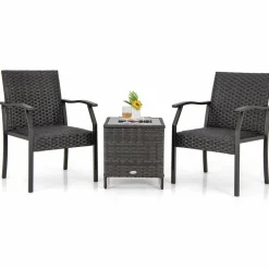 Tangkula 3 Pieces Patio Wicker Chair Set, Waterproof All Weahter Heavy Duty Outdoor Conversation Set