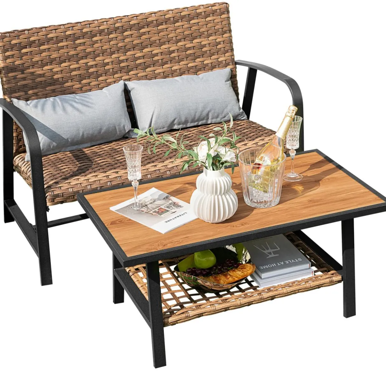 Tangkula 2 Pieces Patio Wicker Furniture Set with 4D Air Fiber Cushion