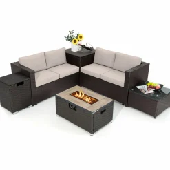 Tangkula 6 Pieces Patio Wicker Furniture Set with 32 Inches Propane Fire Pit Table and Tank Holder