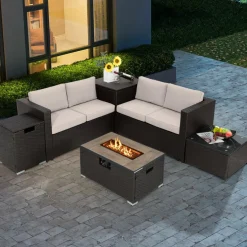 Tangkula 6 Pieces Patio Wicker Furniture Set with 32 Inches Propane Fire Pit Table and Tank Holder