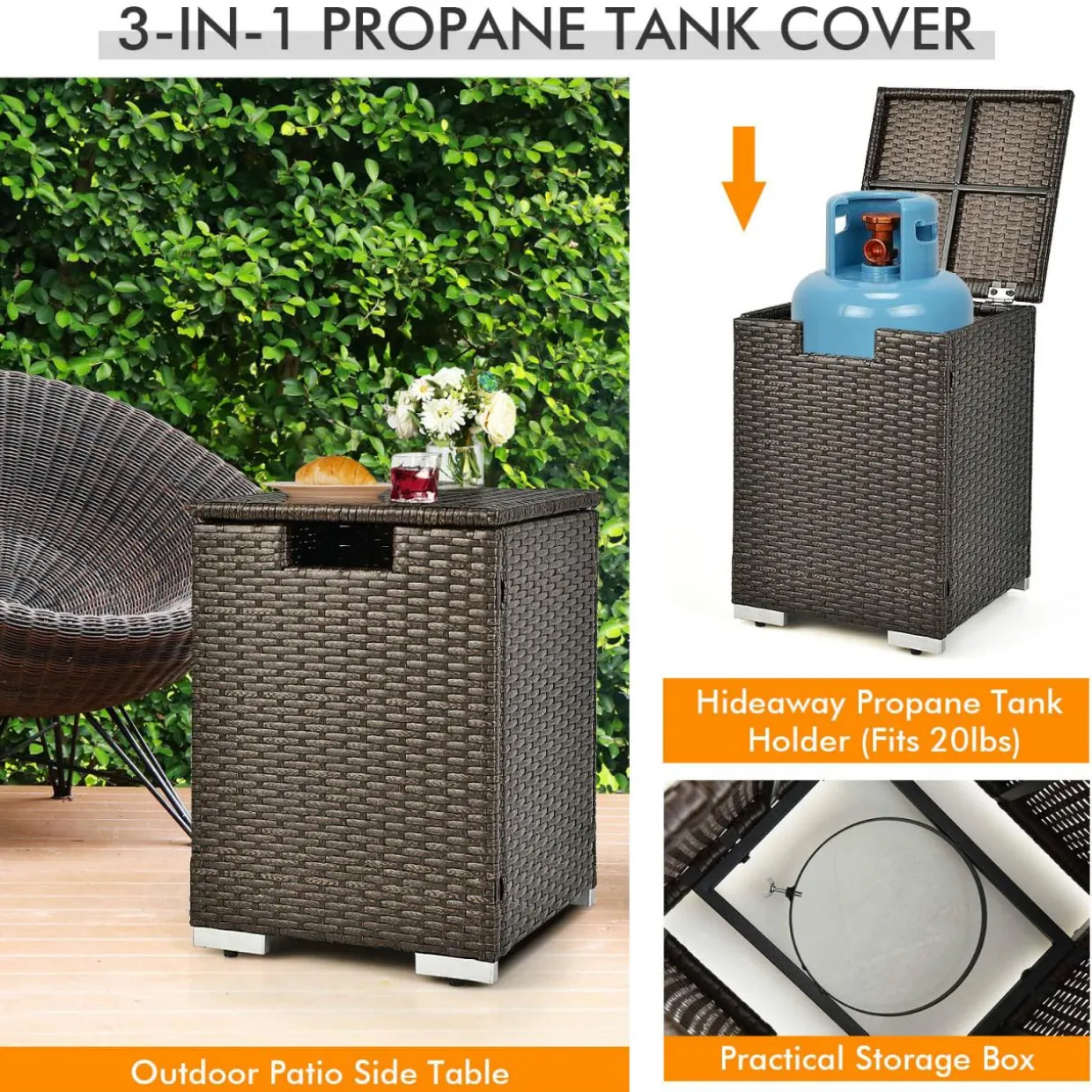 Tangkula 6 Pieces Patio Wicker Furniture Set with 32 Inches Propane Fire Pit Table and Tank Holder