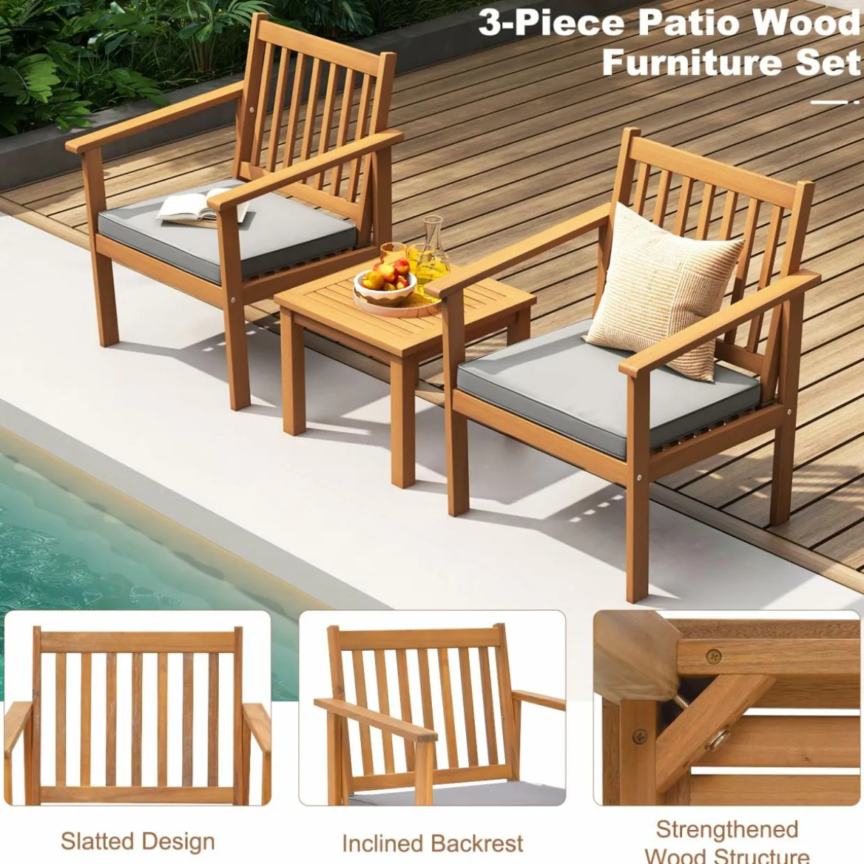 Tangkula 3 Pieces Patio Wood Furniture Set