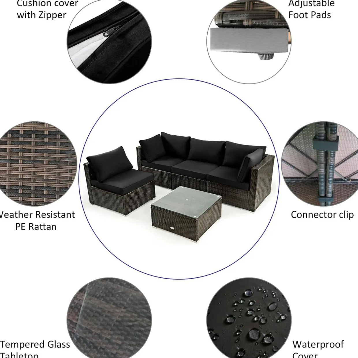 Tangkula 6 Pieces PE Rattan Wicker Sectional Sofa with 42" 60,000 BTU Gas Fire Pit Table