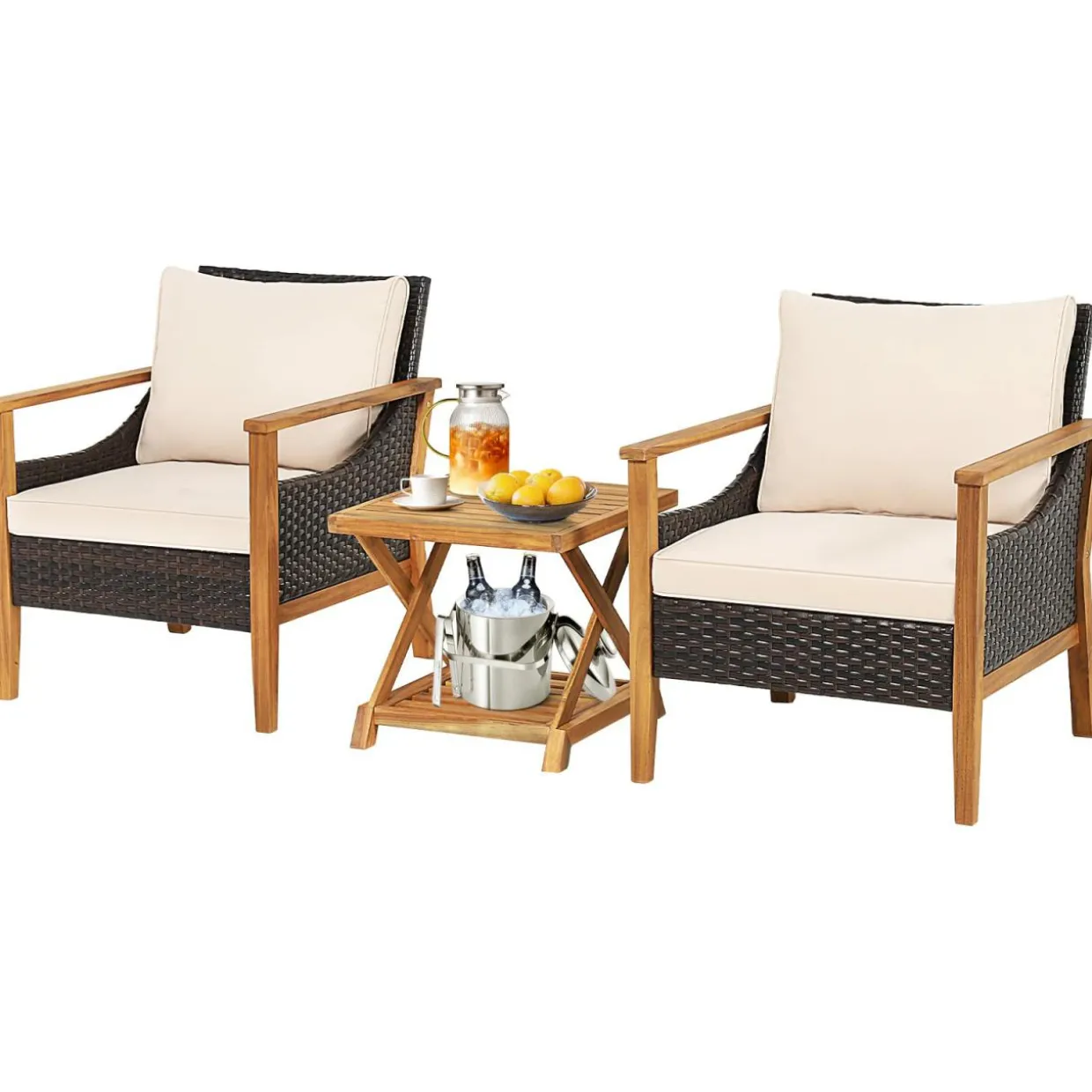 Tangkula 3 Pieces PE Wicker Patio Bistro Set, Outdoor Acacia Wood Conversation Set with Cushions and 2-Tier Coffee Table