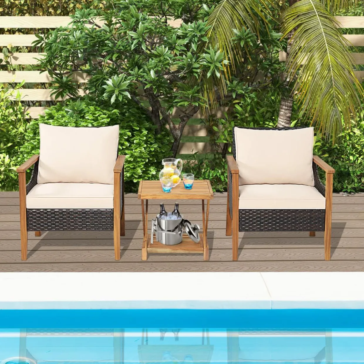 Tangkula 3 Pieces PE Wicker Patio Bistro Set, Outdoor Acacia Wood Conversation Set with Cushions and 2-Tier Coffee Table