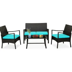 Tangkula 4 Pieces Rattan Conversation Set, Patio Sofa Couch Set with Tempered Glass Coffee Table