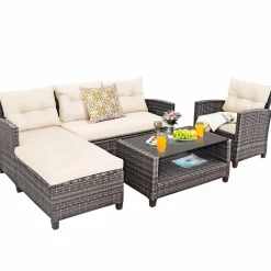 Tangkula 4 Pieces Rattan Conversation Set, Patiojoy Outdoor Furniture Set with Cushions, Lounge Sofa Set with Coffee Table