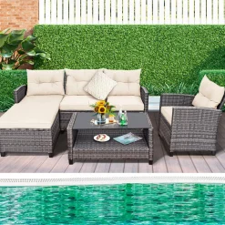 Tangkula 4 Pieces Rattan Conversation Set, Patiojoy Outdoor Furniture Set with Cushions, Lounge Sofa Set with Coffee Table