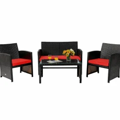 Tangkula 4 Pieces Rattan Furniture Set, Outdoor Conversation Set w/Chair & Loveseat & Tempered Glass Coffee Table