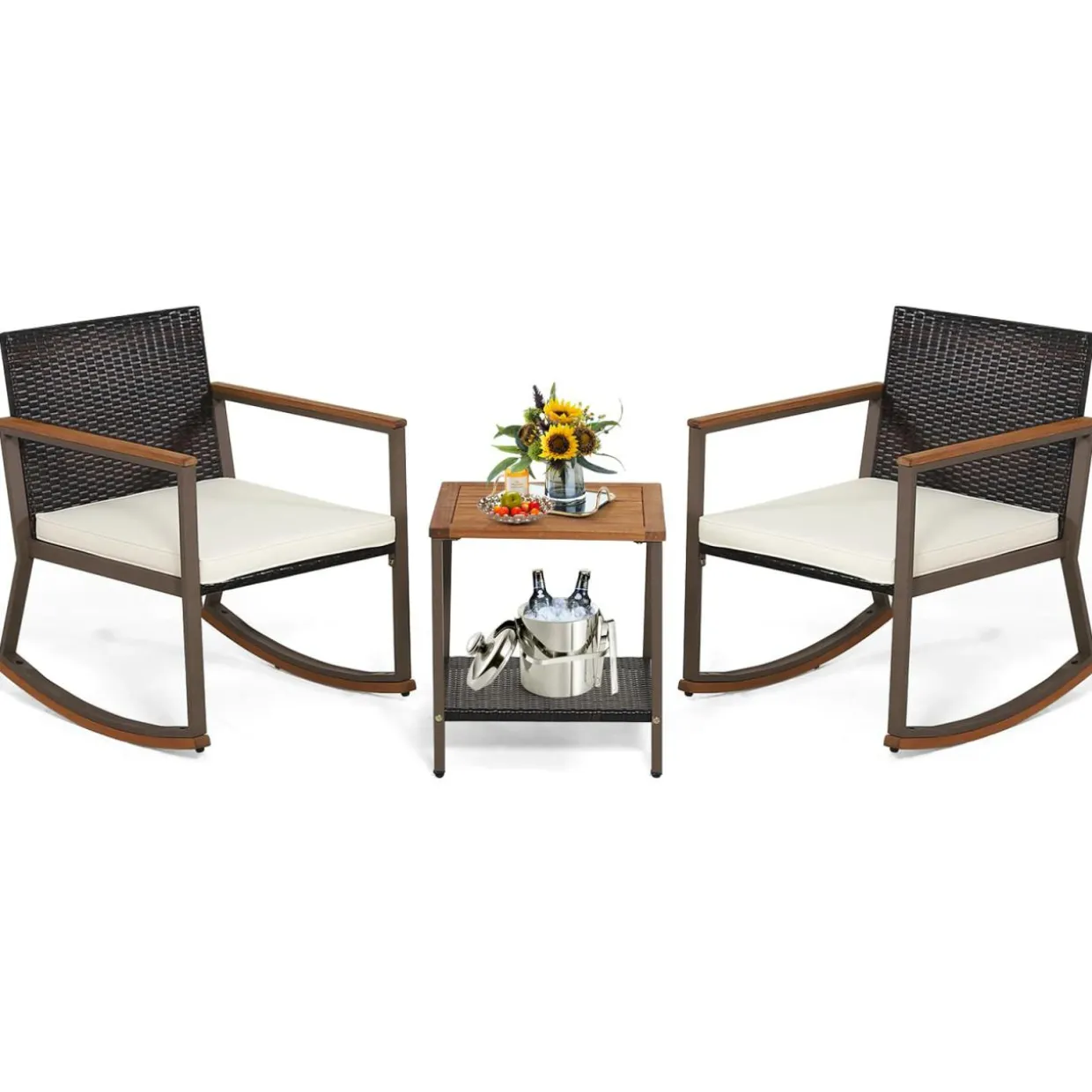 Tangkula 3 Pieces Rocking Bistro Set, Outdoor Rocker Chair with Coffee Table & Cushions