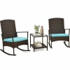 Tangkula 3 Pieces Rocking Wicker Bistro Set, Outdoor Front Porch Rocker Chairs Conversation Set