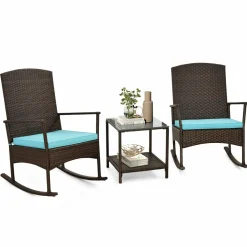 Tangkula 3 Pieces Rocking Wicker Bistro Set, Outdoor Front Porch Rocker Chairs Conversation Set