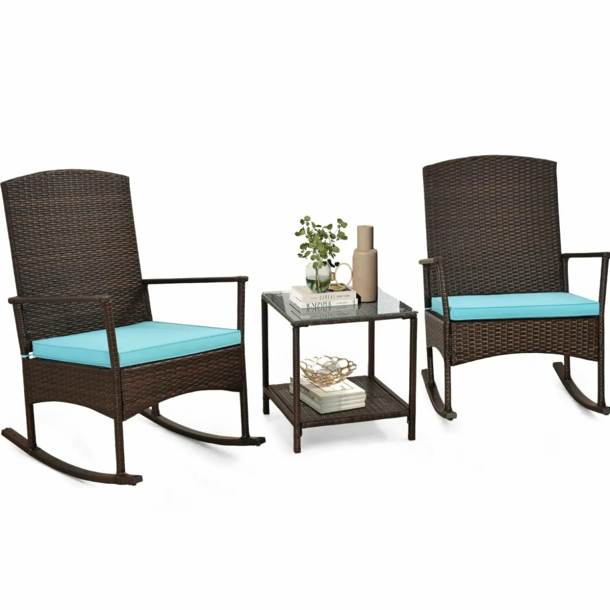 Tangkula 3 Pieces Rocking Wicker Bistro Set, Outdoor Front Porch Rocker Chairs Conversation Set