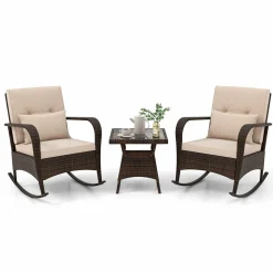Tangkula 3 Pieces Rocking Bistro Set, Patiojoy Outdoor PE Rattan Rocker Chairs with Removable Cushions & Tempered Glass Top Coffee Table