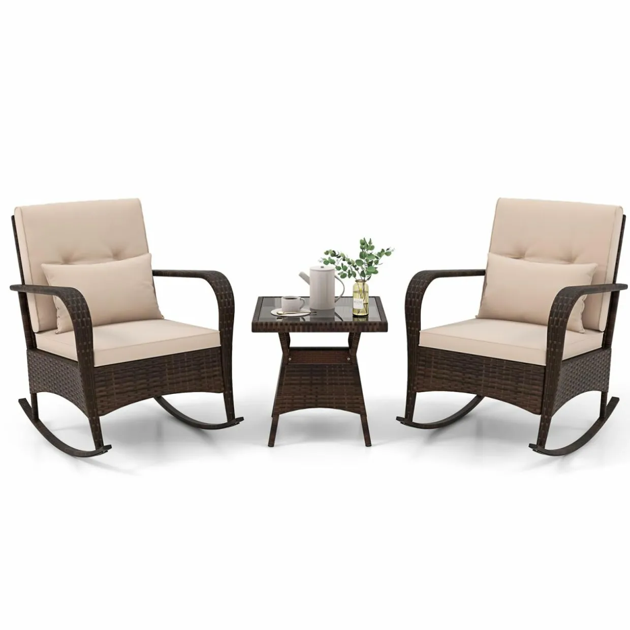 Tangkula 3 Pieces Rocking Bistro Set, Patiojoy Outdoor PE Rattan Rocker Chairs with Removable Cushions & Tempered Glass Top Coffee Table