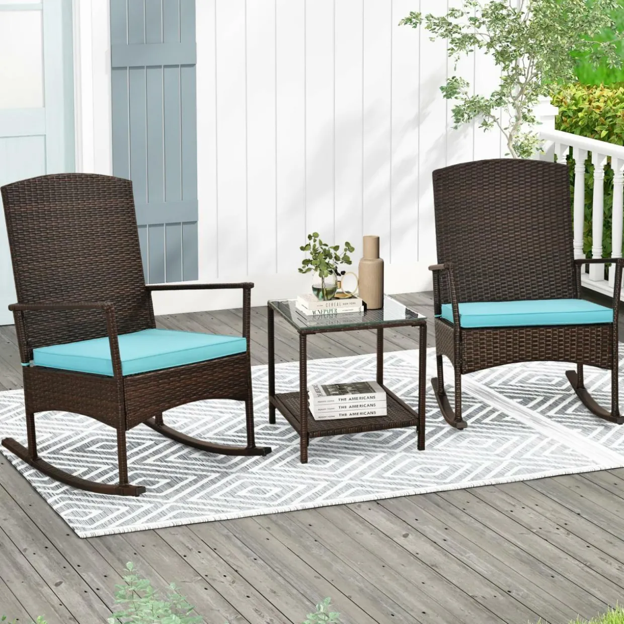 Tangkula 3 Pieces Rocking Wicker Bistro Set, Outdoor Front Porch Rocker Chairs Conversation Set